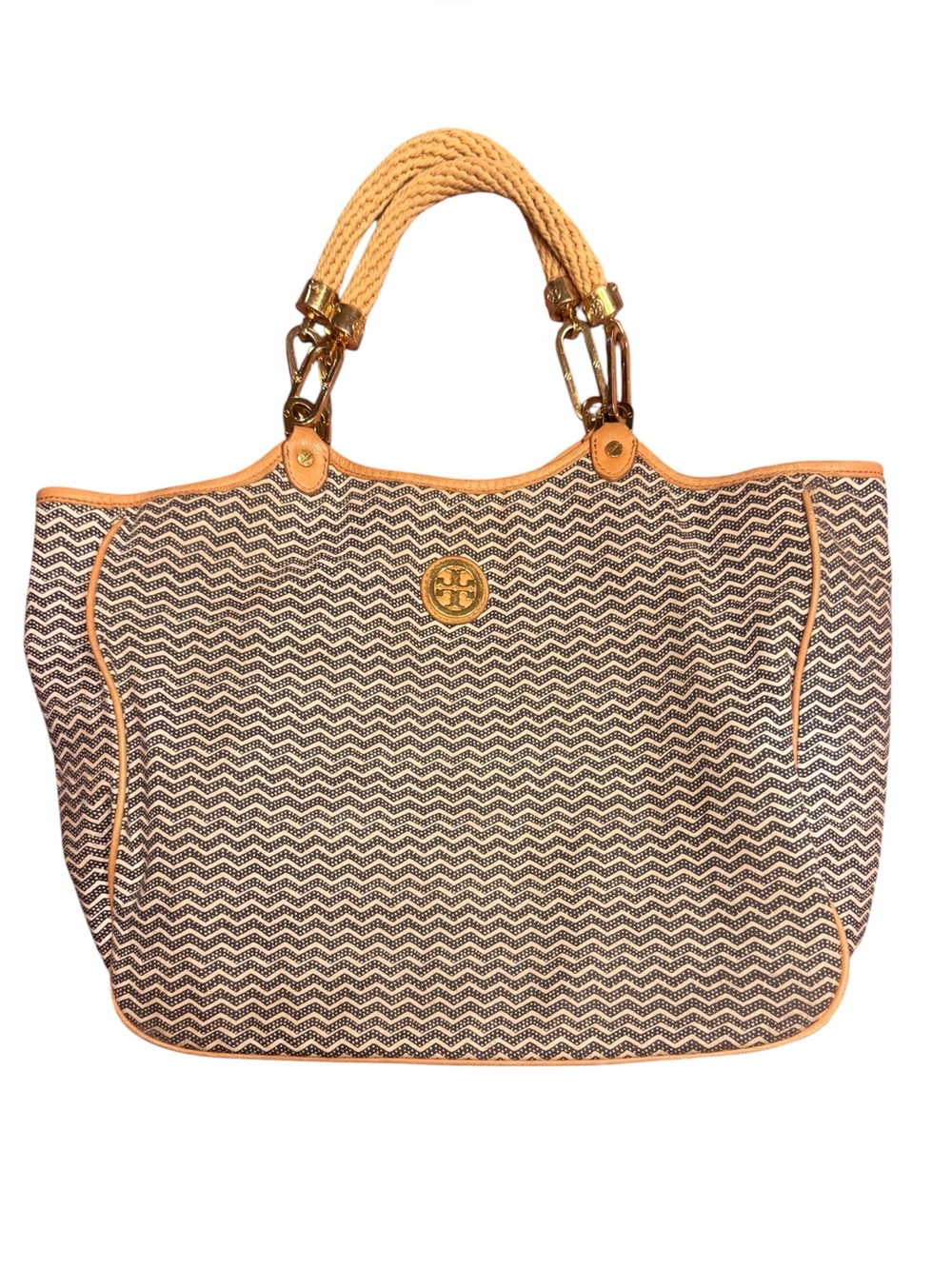 Tory Burch Channing Navy Cream Chevron Tote with Tan Trim and Rope Handles $295